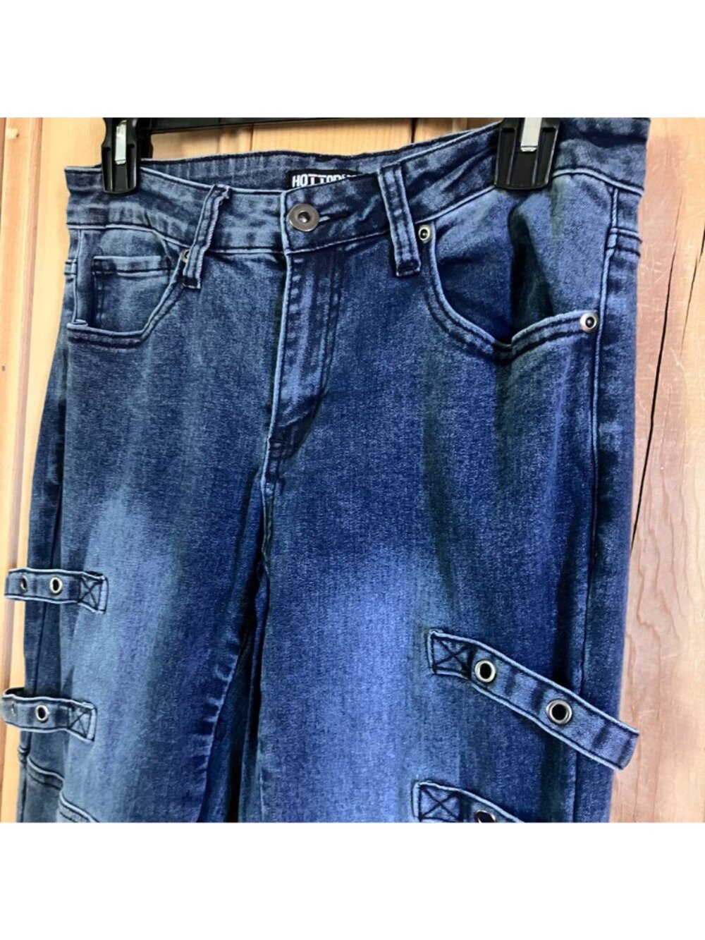 Hot Topic Womens Grommet Suspended Flare Punk Jeans Size 7 Juniors Blue AN EXC - Picture 3 of 12